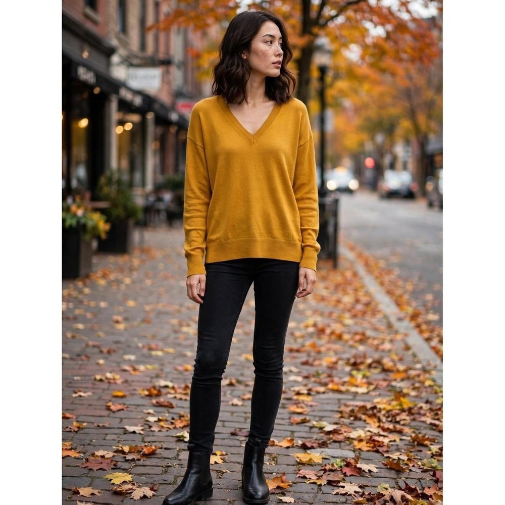 Banana Republic Mustard V-Neck Sweater Premium Luxe Yarn Drop Shoulder S/M